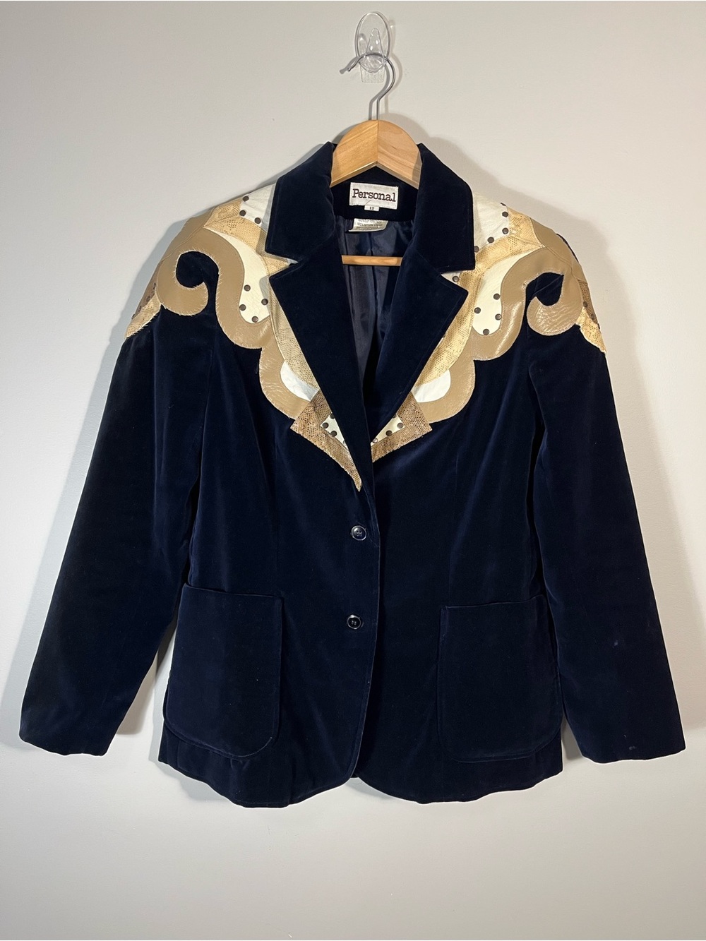 Navy Velvet Vintage Custom Upcycled Blazer Jacket Western Embellished - Picture 4 of 14